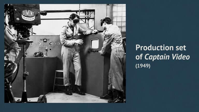 Black-and-white production photo from the 1949 TV series Captain Video, showing actors and studio equipment against a retro blue background.